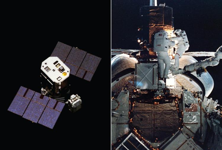 The Solar Maximum Mission (SMM), launched in 1980, malfunctioned one year later. In April 1984, it became the first satellite to be repaired in orbit by astronauts aboard the Space Shuttle (pictured). The repair provided five more years of valuable observations. Increases in solar activity acted to swell the Earth’s atmosphere and increase satellite drag. As a result of the increase in activity in 1988 and 1989, the orbital height of SMM decreased, and it burned up in the Earth’s atmosphere on December 2, 1989.