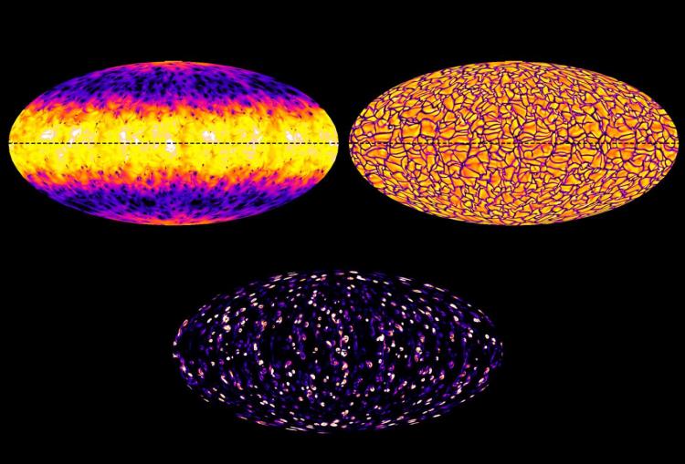 2005: (top-left) The image is a Molleweide projection located just below the solar surface, with yellow/white tones representing warmer plasma and blue/black tones representing cooler plasma. The solar equator is a few Kelvin warmer than the poles in this simulation, while localized spots of cool plasma dot the layer, corresponding to swirling downflow plumes. (top-right) Here we see the radial velocity field just below the solar surface in one such simulation, shown in a Molleweide projection. Bright and dark tones denote upflowing and downflowing plasma respectively. An intricate network of strong, narrow downflow lanes blankets the entire surface, often forming localized, swirling plumes. (bottom) This ghostly image shows the enstrophy, which is the magnitude of the vorticity vector squared, in a numerical simulation of solar convection. A Molleweide projection is shown near the middle of the convection zone, about 100 Mm below the solar surface. The enstrophy is very intermittent, confined to very strong downflow plumes and lanes which produce vortex rings and sheets through the entrainment of surrounding plasma.